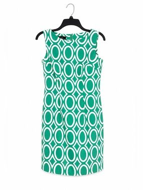 Alyx Sleeveless Sheath Dress – Size 4 – Teal & White Geometric Print